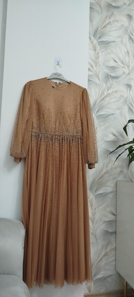 Bej Drapeli Uzun Kollu Uzun Abiye - Görsel 5