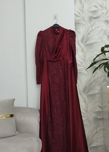 Bordo Drapeli Uzun Abiye Elbise