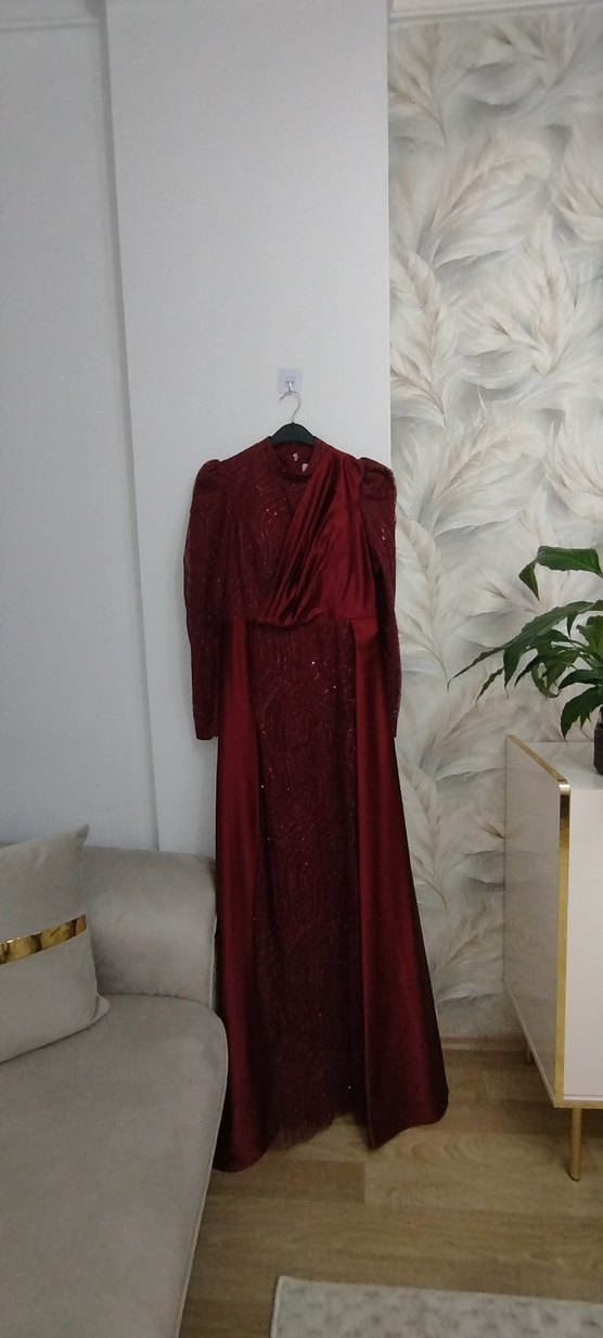 Bordo Drapeli Uzun Abiye Elbise - Görsel 2