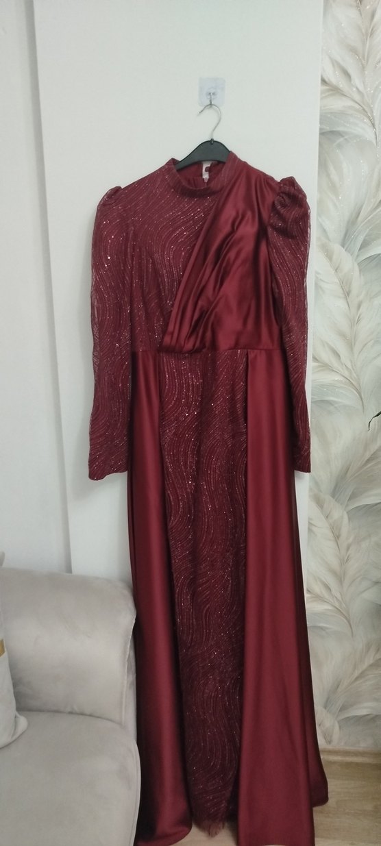 Bordo Drapeli Uzun Abiye Elbise - Görsel 4