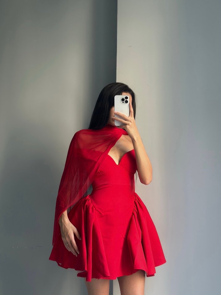 Drapeli Kırmızı Mini Abiye Elbise - Görsel 2