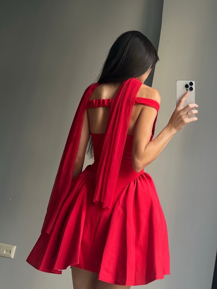 Drapeli Kırmızı Mini Abiye Elbise - Görsel 4