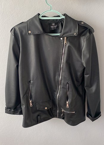 l Beden Siyah Parlak Deri Biker Ceket
