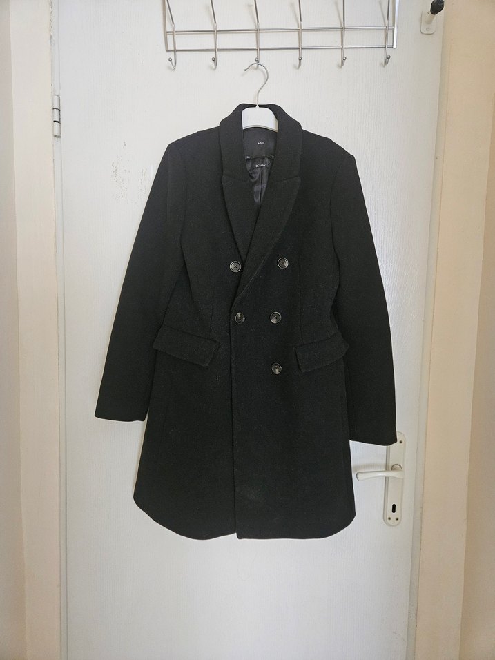 mango kruvaze siyah yün kaban - Görsel 4