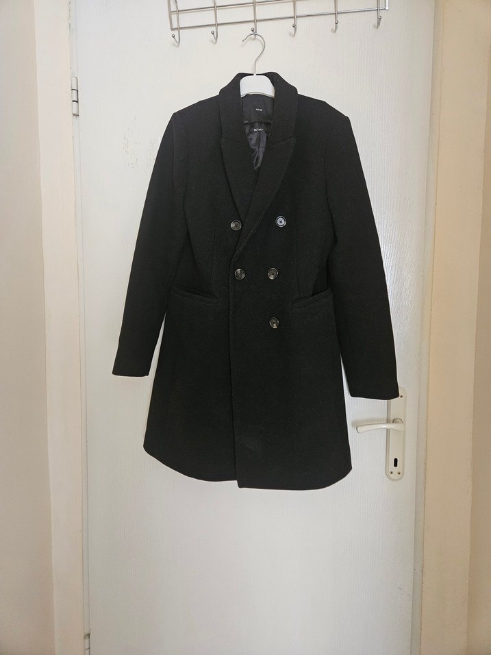 mango kruvaze siyah yün kaban - Görsel 2