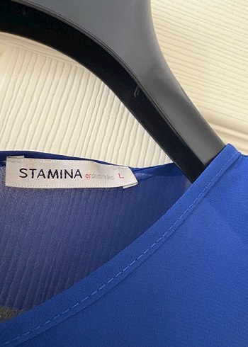 Stamina Mavi V Yaka Kolsuz Drapeli Bluz