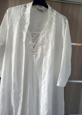 Uzun Kollu Beyaz Nakışlı Bohem Kadın Elbise - Görsel 2