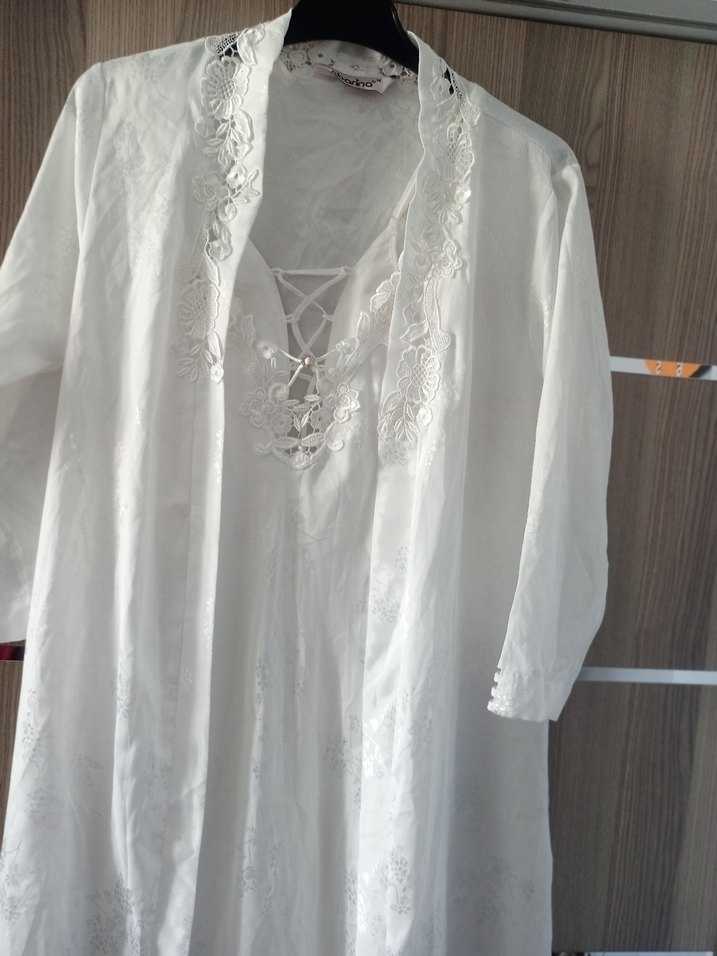 Uzun Kollu Beyaz Nakışlı Bohem Kadın Elbise - Görsel 2