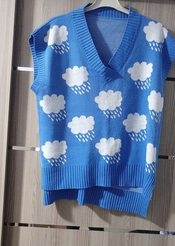 Mavi Bulut Desenli V Yaka Triko Süveter - Görsel 2