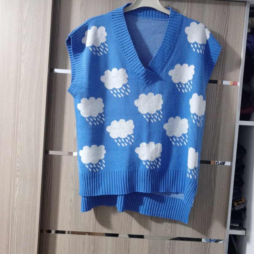 Mavi Bulut Desenli V Yaka Triko Süveter - Görsel 2