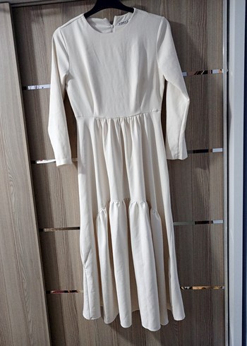 Beyaz Uzun Keten Elbise, Pilili, Uzun Kollu - Görsel 2