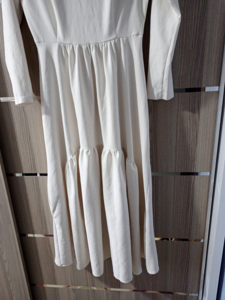 Beyaz Uzun Keten Elbise, Pilili, Uzun Kollu - Görsel 5