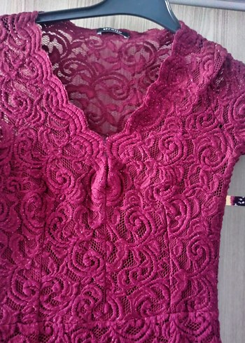 Bordo Dantel İşlemeli Uzun Abiye Elbise - Görsel 3