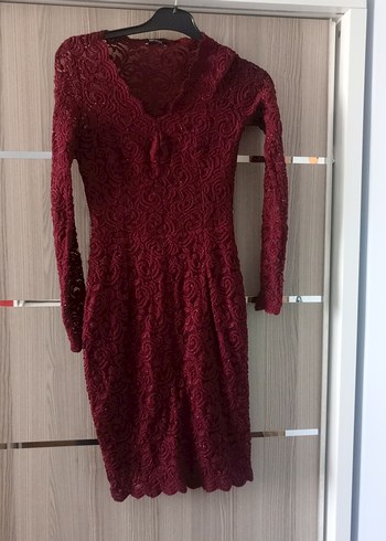 Bordo Dantel İşlemeli Uzun Abiye Elbise - Görsel 4