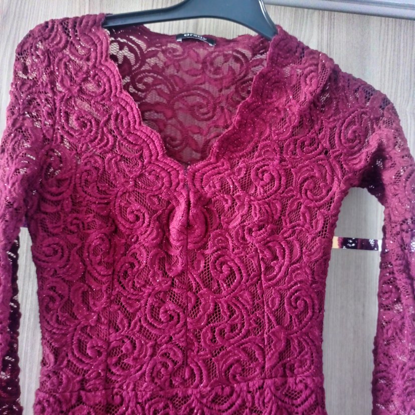 Bordo Dantel İşlemeli Uzun Abiye Elbise - Görsel 3