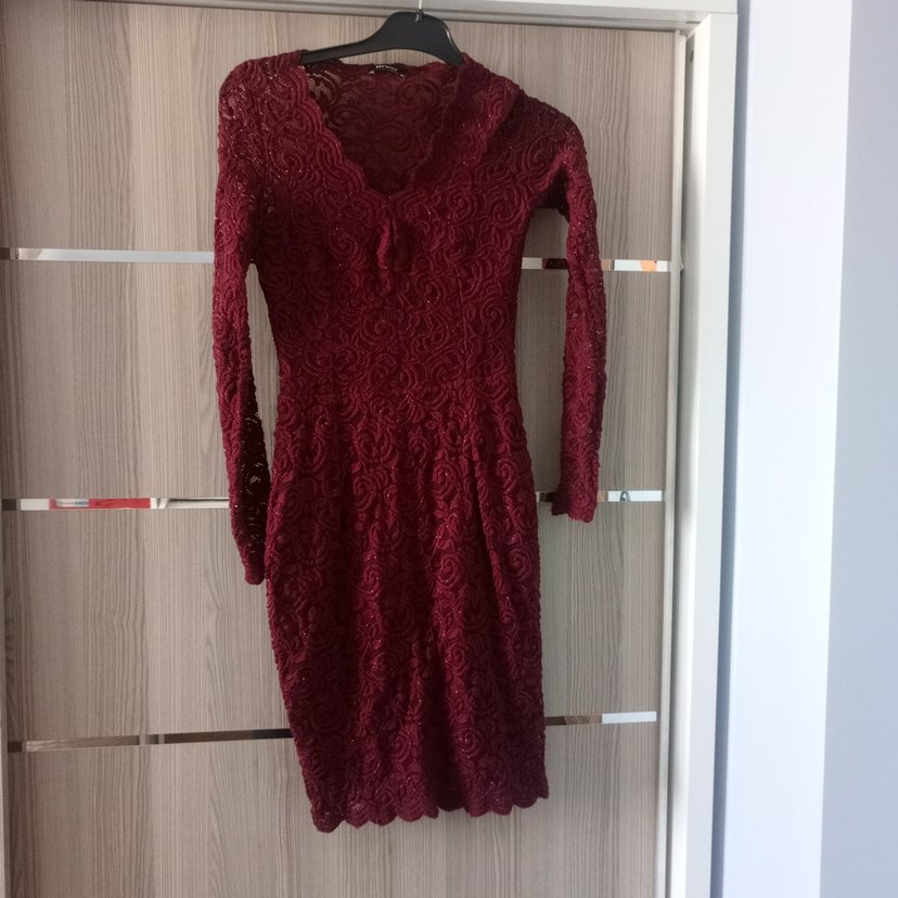 Bordo Dantel İşlemeli Uzun Abiye Elbise - Görsel 4