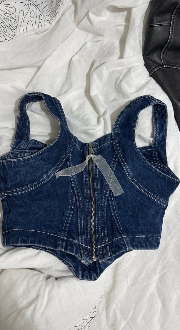 Sageza Studio Koyu Mavi Denim Crop Top — görsel 2/3