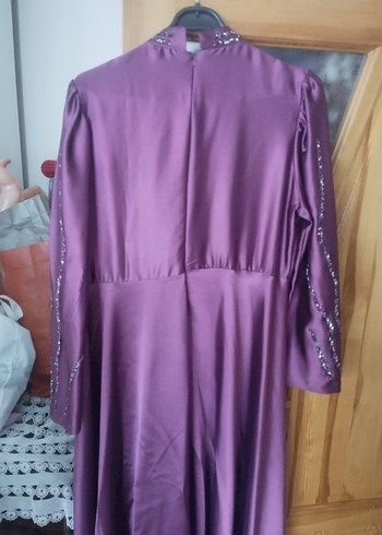 Uzun Kollu Pembe İşlemeli Abiye Elbise - Görsel 6