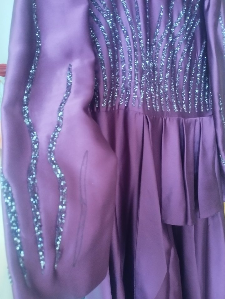 Uzun Kollu Pembe İşlemeli Abiye Elbise - Görsel 3