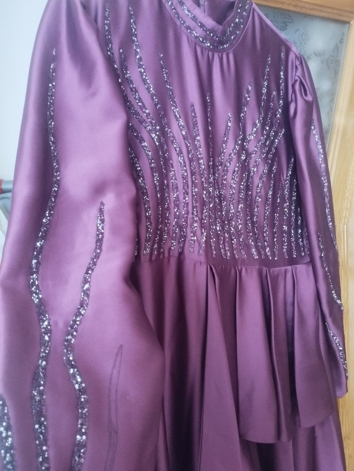 Uzun Kollu Pembe İşlemeli Abiye Elbise - Görsel 4