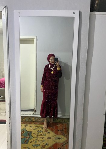 Abiye Bordo Uzun Kollu Drapeli Kadın abiye her yeri pul detaylı m bdn