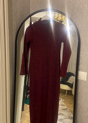 Bordo Uzun Kollu Fitilli Triko Elbise - Görsel 2