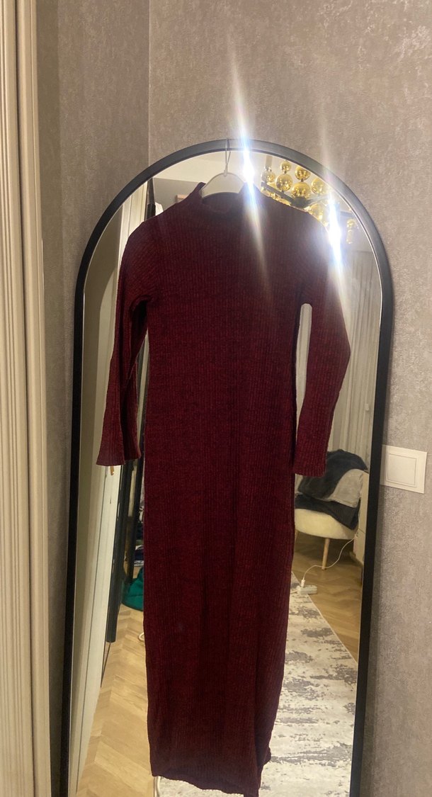 Bordo Uzun Kollu Fitilli Triko Elbise - Görsel 2