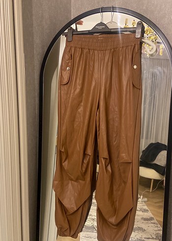 Kadın Kahverengi Deri Bol Kesim Pantolon - Görsel 2