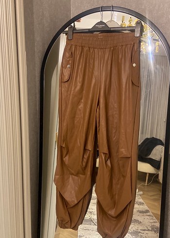 Kadın Kahverengi Deri Bol Kesim Pantolon - Görsel 3