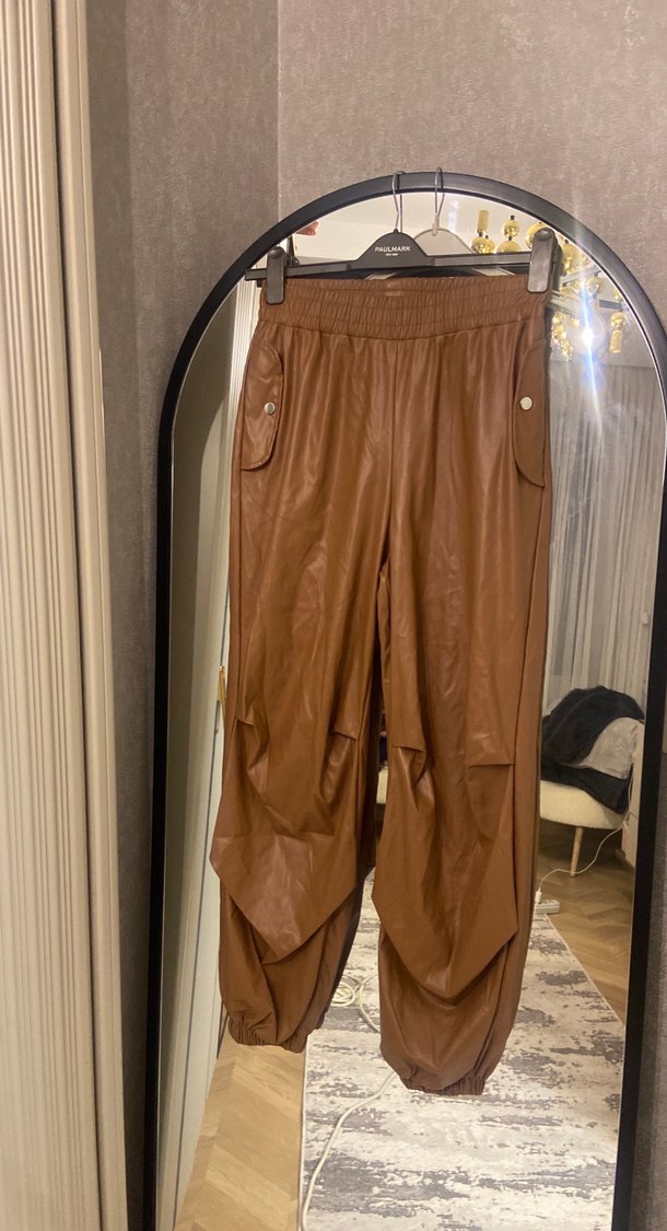 Kadın Kahverengi Deri Bol Kesim Pantolon - Görsel 3