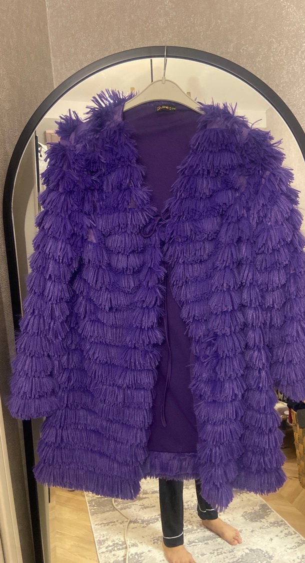 Mor Kadın Midi Boy Tüylü Suni Kürk - Görsel 4