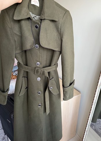 Kadın Kemerli Uzun Haki Kaşe Kaban - Görsel 4