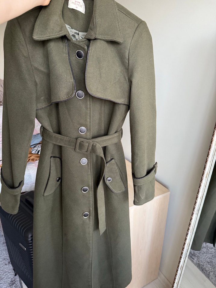 Kadın Kemerli Uzun Haki Kaşe Kaban - Görsel 4