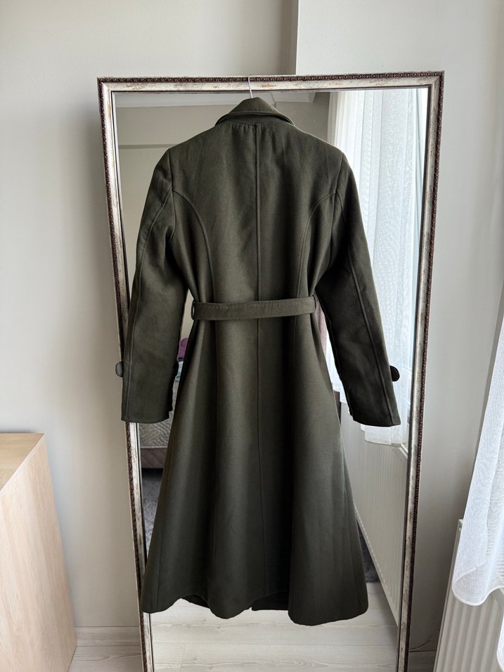 Kadın Kemerli Uzun Haki Kaşe Kaban - Görsel 3