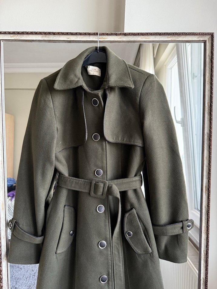 Kadın Kemerli Uzun Haki Kaşe Kaban - Görsel 2