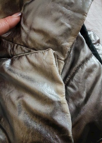 Gri Metalik Kadın Kışlık Mont Kapüşonlu - Görsel 5