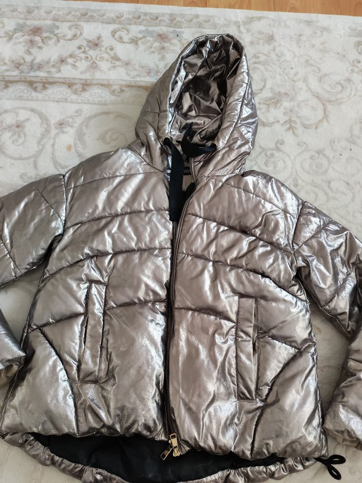 Gri Metalik Kadın Kışlık Mont Kapüşonlu - Görsel 3