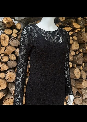 Uzun Kollu Siyah Dantel Elbise - Görsel 4