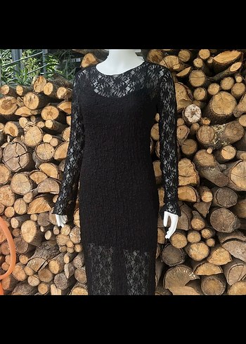 Uzun Kollu Siyah Dantel Elbise - Görsel 2