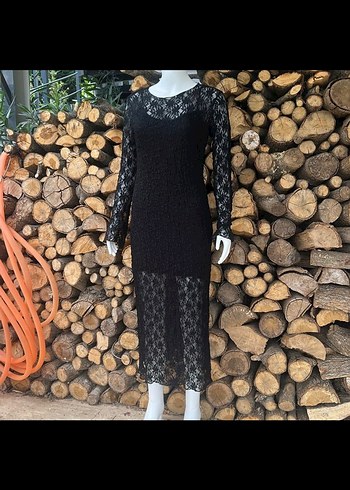 Uzun Kollu Siyah Dantel Elbise - Görsel 3