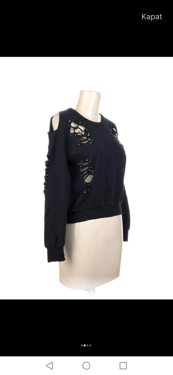 Siyah Yırtık Detaylı Uzun Kollu Sweatshirt - Görsel 2