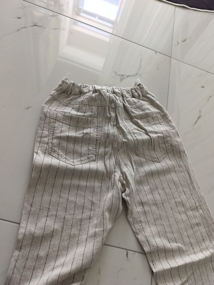 Bej Çizgili çocuk Keten Pantolon - Görsel 3