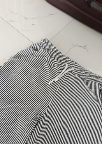 Gri Çizgili Kadın Keten Pantolon - Görsel 2