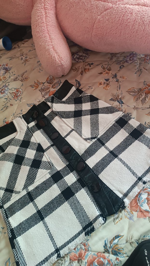 Düğmeli Beyaz Gri Ekose Midi Etek - Görsel 2