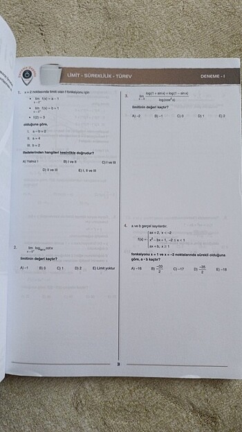  DENEME DEPOSU LİMİT TÜREV KONU DENEMELERİ 