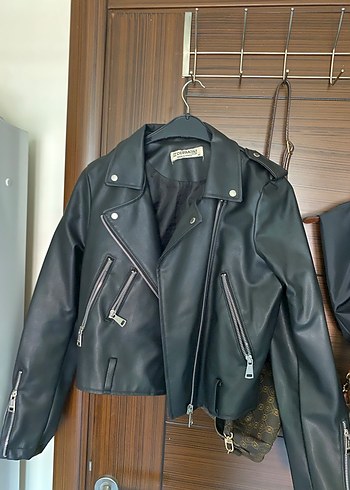 Deri Kadın Biker Ceket Siyah