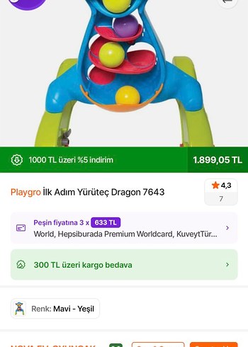 Playgro İlk Adım Yürüteç Dragon Mavi-Yeşil