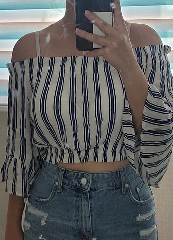 H&M viskon mavi beyaz çizgili fırfırlı büzgülü üst