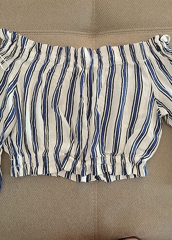 34 Beden H&M viskon mavi beyaz çizgili fırfırlı büzgülü üst
