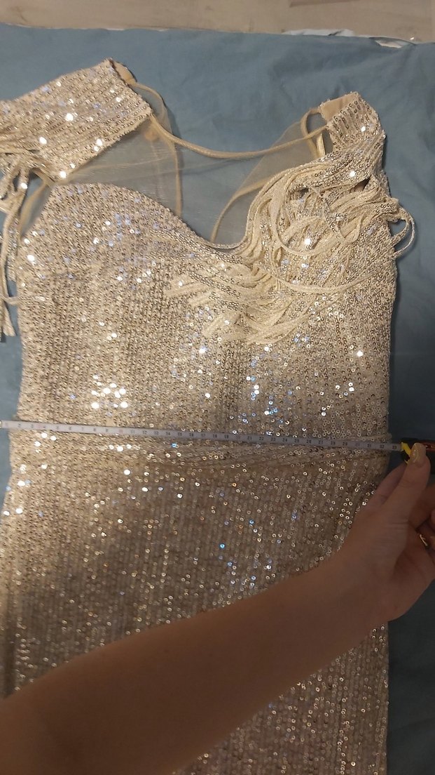 Parlak Bej Uzun Abiye Elbise - Görsel 5